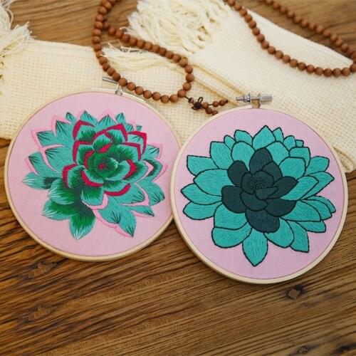 DIY Succulents Stamped Embroidery starter kit Cross Stitch Kits with Hoop Frame for Beginner Needlework Set Sewing Art Craft