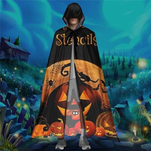 Adult Halloween Cloak Hooded Long Cape Cool Pumpkin Print Medieval Cosplay Costume Witch Wicca Vampire Elf Purim Carnival Party