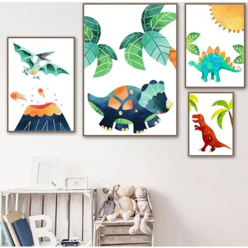 Watercolor Jurassic Ancient Dinosaur Leaf Sun Wall Art Canvas Painting Nordic Posters And Prints Wall Pictures Kids Room Decor