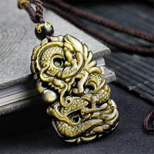 Genuine Natural Gold Obsidian Carved Pendant Dragon Bean Pi Xiu Necklace 48x28m Gemstone Women Men Jewelry AAAAA