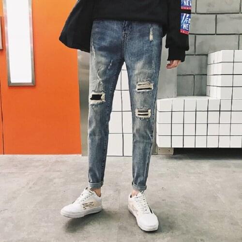2020 New Fashion Men Holes Jeans Hip Hop Ripped Slim Denim Trousers High Street Casual Motorcycle Biker Pencil Pants