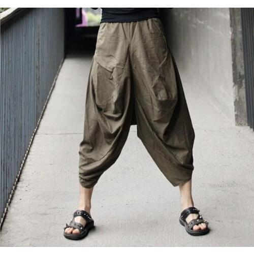 2020 Summer New Mens Retro Casual Cotton Linen Harem Pants Hairstylist Nightclub Singer Costumes Loose Wide Legs Pants Trousers