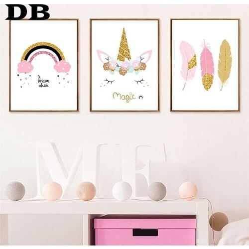 Pink Cartoon Unicorn Canvas Painting Dream Rainbow Magic Poster Childrens Room Girl Room Cute Wall Decorative Painting Pictures