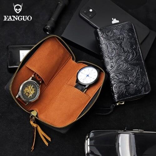 Retro Genuine Leather 2 - Slot Watch Box Handmade Portable Organizer Watches Bag With Zipper Two Watch Holds Bag