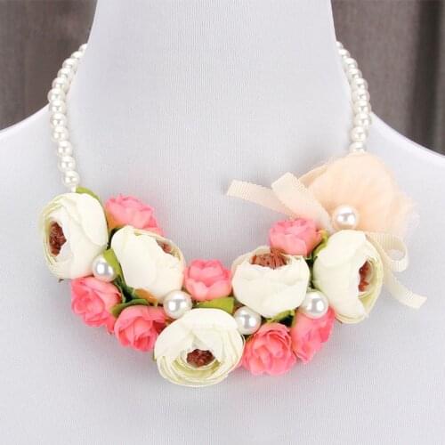 Fabric Handmade Colorful Peony Rose Yarn Flowers Ribbon Venetian Pearl Women Wedding Bridal Necklace Neck Chains Choker Jewelry