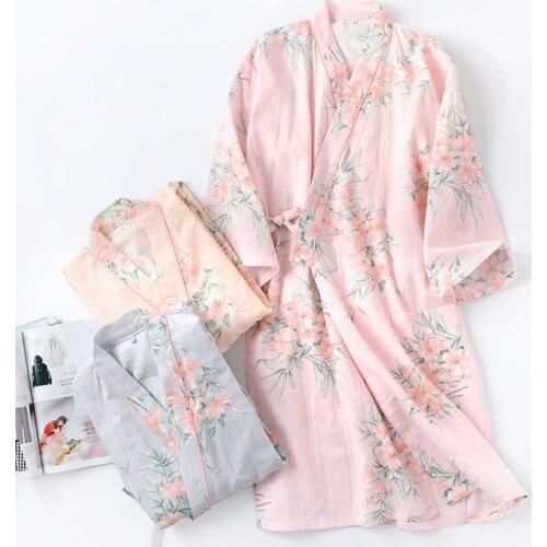 Japanese Pajamas Summer Pure Cotton Robes for Women Soft Thin Kimono Comfortable Sleeps Robes Spa Loose Home Wear Bath Robe