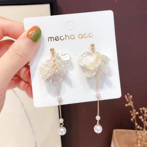 S925 Needle Earrings for Women Korean Fashion Jewelry White Petals Flower Pearl Long Earrings Fashion Jewelry 2020