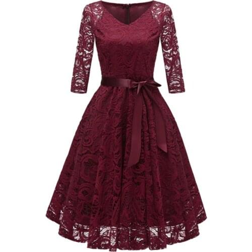 Aovica 2018 Autumn Lace Dresses Femme 3/4 Sleeve V-Neck Women Red Dress Hollow Out Female Robes Plus Size 2XL Vestidos de Festa