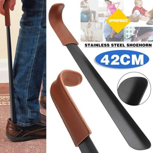 1pc 42cm Stainless Steel Shoehorn Boots Lifter Tool Protect Your Heel Black Leather Handle Suitable For Most Footwear