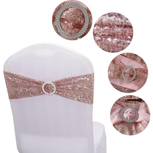 100Pcs Quality Sequin Chair Sashes Rose Gold Stretch Bands with Round Buckle