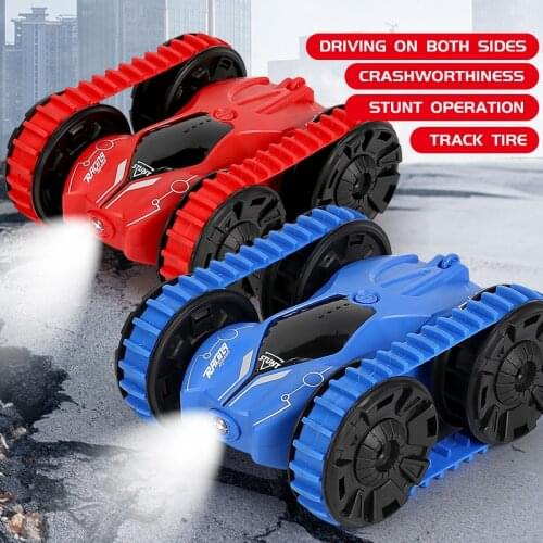 2.4G Remote Control Roller Car Track Tank Double Side Stunt Car Vehicle Dump Truck Light Charging Crawler Type Toy Multi Terrain