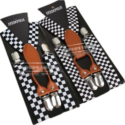BD067--10pcs/lot free shipping fashion black white plaid kids suspenders elastic adjustable baby leather 4 clips braces