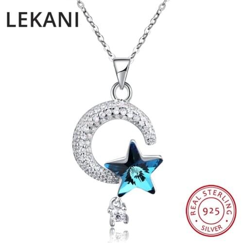 LEKANI Genuine 925 Sterling Silver Crescent Moon & Star Crystal From SWAROVSKI Pendant Necklaces for Women Fine Jewelry Gifts