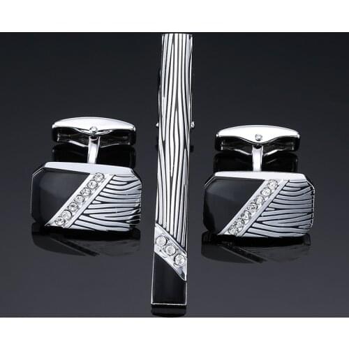 DY A set of new high-grade silvery black leopard crystal Cufflinks tie clip set men dress jewelry free shipping