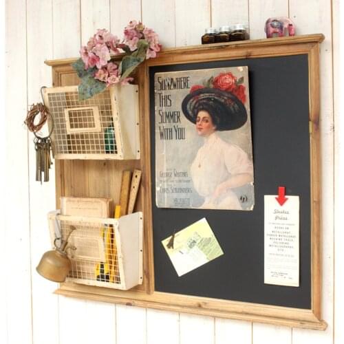 Cafe bar home wall decor vintage 2 tier wire basket style magazine rack with magnetic blackboard