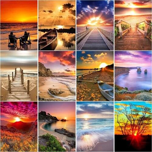 Painting With Diamonds Mosaic on Self-Sticker Canvas Kit Full Drill Sunset Landscape Embroidery Cross Stitch Manual Home Decor