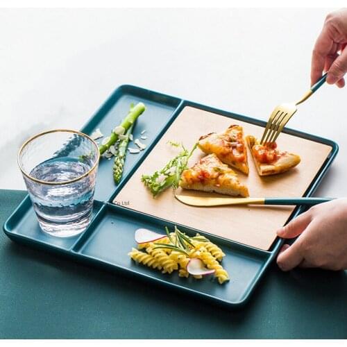 Ceramic Western Plate Creative Grid Plate Household Square Tableware Snack Platter Bamboo Wood Western Steak Plate