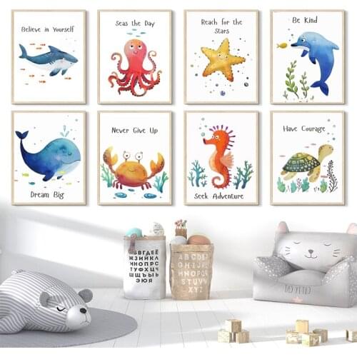 Whale Dolphin Tortoise Octopus Wall Art Canvas Painting Ocean Animals Nordic Posters Prints Wall Pictures Baby Kids Room Decor