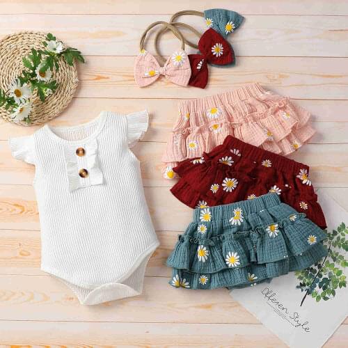 Summer New Baby Girls Ribbed Clothes Set Sweet Solid Color Sleeveless Romper+Daisy Print Shorts Skirt+Bow-knot Headband Outfits