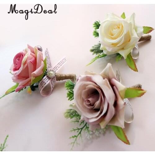 MagiDeal Romantic Rose Silk Flower Boutonniere Corsage Pearls Favors Wedding Party Supplier