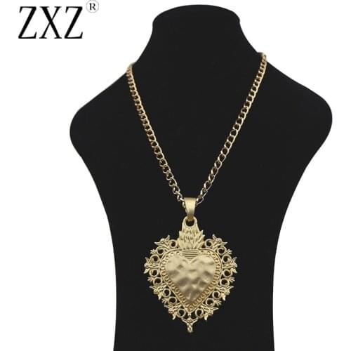 ZXZ Fashion Large Matt Gold Abstract Metal HEART Long Chain Necklace Lagenlook for Women