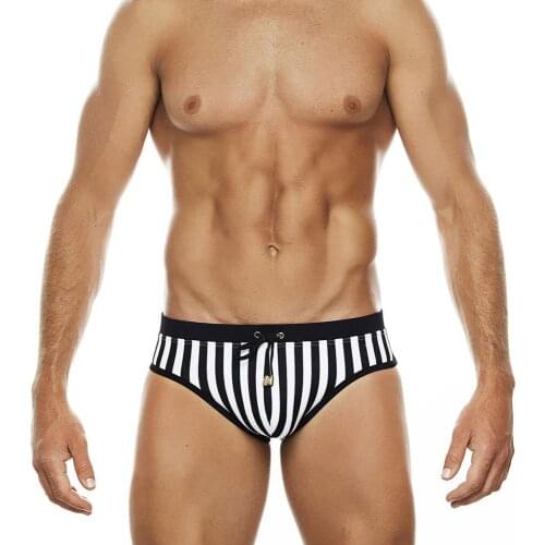 Men Swimsuit Stirped Swimwear Man Drawstring Elastic Swimming Trunks Push Pad Beachwear Male Slim Fit Sexy Swim Briefs 2021