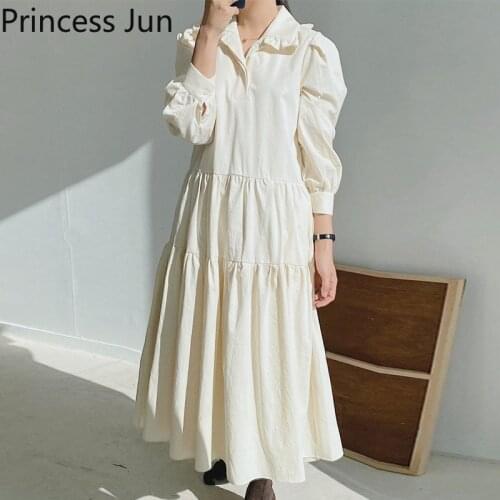 Sweet Girl Peter Pan Collar Loose Shirt Dress Spring New Fashion French Retro Big Swing Puff Sleeve Casual Midi Dress Vestidos