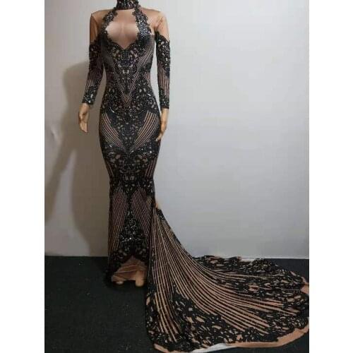 Costume Dress Evening Party Long sleeve Crystals black Long trailing stretch Dresses Birthday Celebrate Stage Dance Show Dress