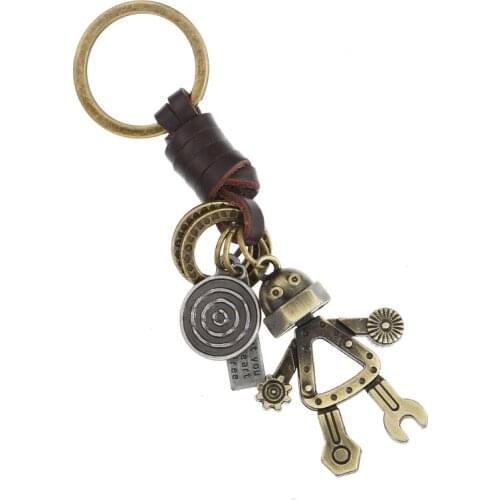 Handmade Genuine Leather Robot KeyChain For Man Woman Alloy Punk Rock Vintage Creative Key Chains Jewelry Accessories Gifts