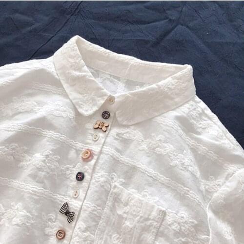 Top Qaulity Embroidery 100% Cotton Women White Shirts Casual All Match Sweet Style Loose Button Elegant Outwear Tops