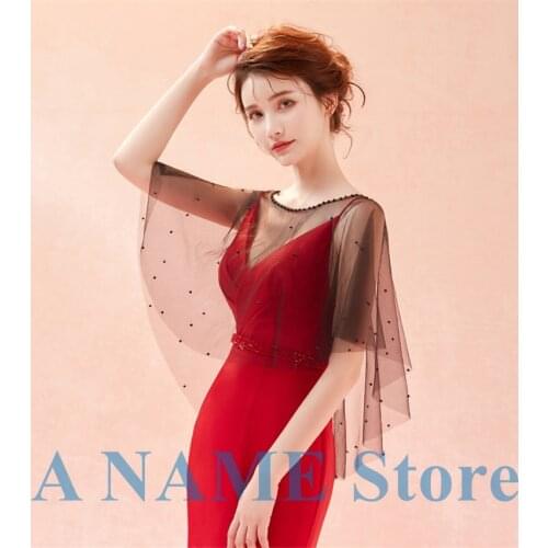 Women Black Tulle Pearls Wedding Shawl Bridal Bridesmaid Bolero Cover Up Cape Wrap for Evening Party Chale de fiesta mujer novia