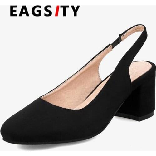 EAGSITY suede slingbacks sandals for women high heel shoes block heel round toe ankle strap party dress office career sandals