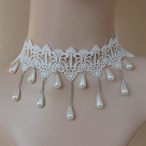 12 Pieces/Lot Imitation Pearls Necklace White Sexy Lace Bride Chokers Water Drop Beads Statement Tassel Clavicle Chain For Women