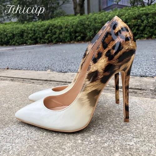 Tikicup Women Gradient Leopard Print Patent Pumps Slip On Pointy Toe Stilettos Ladies Sexy Extremely High Heel Party Dress Shoes