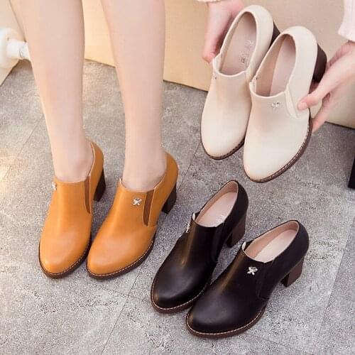 2019 spring new high-heeled shoes womens thick with elastic band single shoes wild British wind round head deep mouth