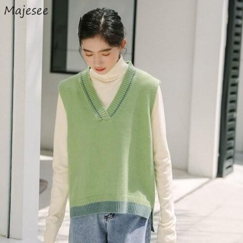 Womens Vests Plus Size 3XL V-neck Patchwork College Style Students All-match Casual Oversize Knitted Sweaters Trendy Harajuku