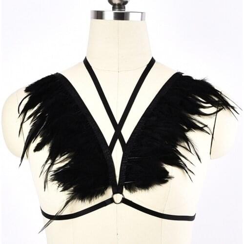 JLX.HARNESS Feather Crop Top Bra Black Body Harness Belt Women Sexy Lingerie Rave Bondage Harness Feather Body Cage Bra