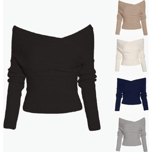 Women Clothes 2019 Autumn Winter Sexy V-neck Off Shoulder Solid color Knitted Jumpers Ladies Sweaters and Pullovers pull femme
