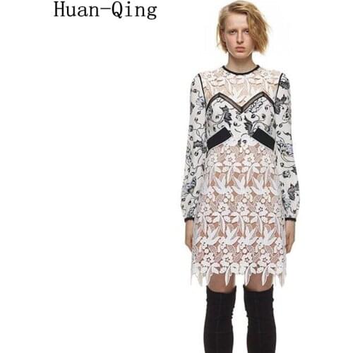High Quality Self Portrait Dress Runway Women Sexy Lace Embroidery Hollow Out Party Dresses Summer Print Long Sleeve Mini Dress