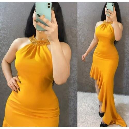 Elegant High Neck Beaded Gold Prom Dresses Zipper Back Robe De Soiree Mermaid Sweep Train Formal Party Gown