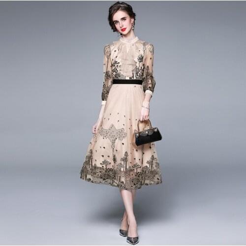 New Arrival Summer Runway Womens French Vintage Elegant Mesh Dress Luxury Floral Embroidery Ruffles Dress Vestido