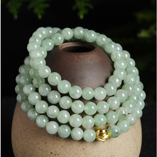 100% Natural Jade (Jadeite) Necklace 7-7.5mmW Luck Light Green Round Beads Link Chain Necklace 30inch