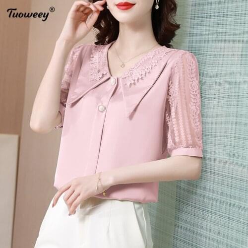 2021 Fashion turn down collar Office Lady Shirt Chiffon Blouse Women Tops Plus Size short Sleeve pink Womens Clothing Blusas