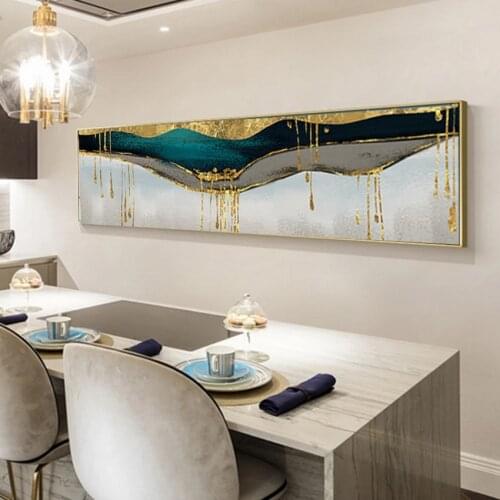 Abstract Green Shining Dold Canvas Painting Golden Pigment Poster Modern Wall Art Pictures for Living Room Blue Print Decoration