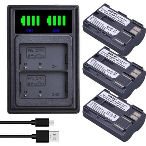 3Pcs 2400mAh BP-511 BP-511A BP 511 511A Battery + LED type-C Dual Charger for Canon G6 G5 G3 G2 G1 EOS 300D 50D 40D 30D 20D 5D