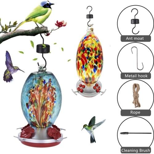 Bird Water Feeder Automatic Hand Blown Glass Hummingbird Feeder Bird Perch for Outdoors Patio Hanging Hummingbird Feeder