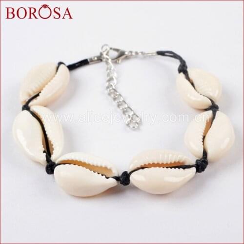 BOROSA 10PCS New 8inch Bracelets with Six Cowrie Shell Charms Black/White Rope Chains Natural Shell Bracelet Jewelry WX967