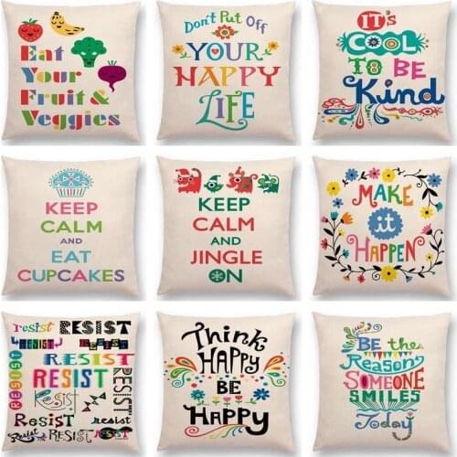 Double print Colorful letters Cushion Cover Warm Happy Words Energetic Life Sofa Throw Pillow Case 45x45cm Linen Cushion Cover