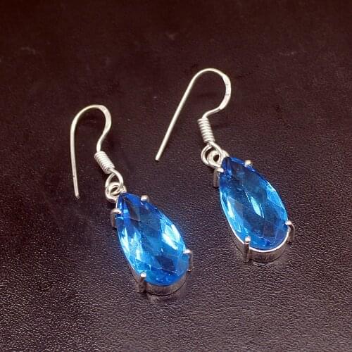 Gemstonefactory Big Promotion Unique 925 Silver Teardrop Shiny Blue Topaz Women Ladies Gifts Dangle Drop Earrings 20211937