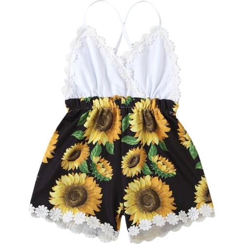 0-24M Girl’s Summer Suspender Jumpsuit Fashion Sunflower Print Stitching High Waist Short Pants